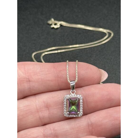 Vintage 18” Sterling Silver Mystic Topaz Cubic Zirconia Pendant Necklace 925 Q23 - Picture 10 of 10